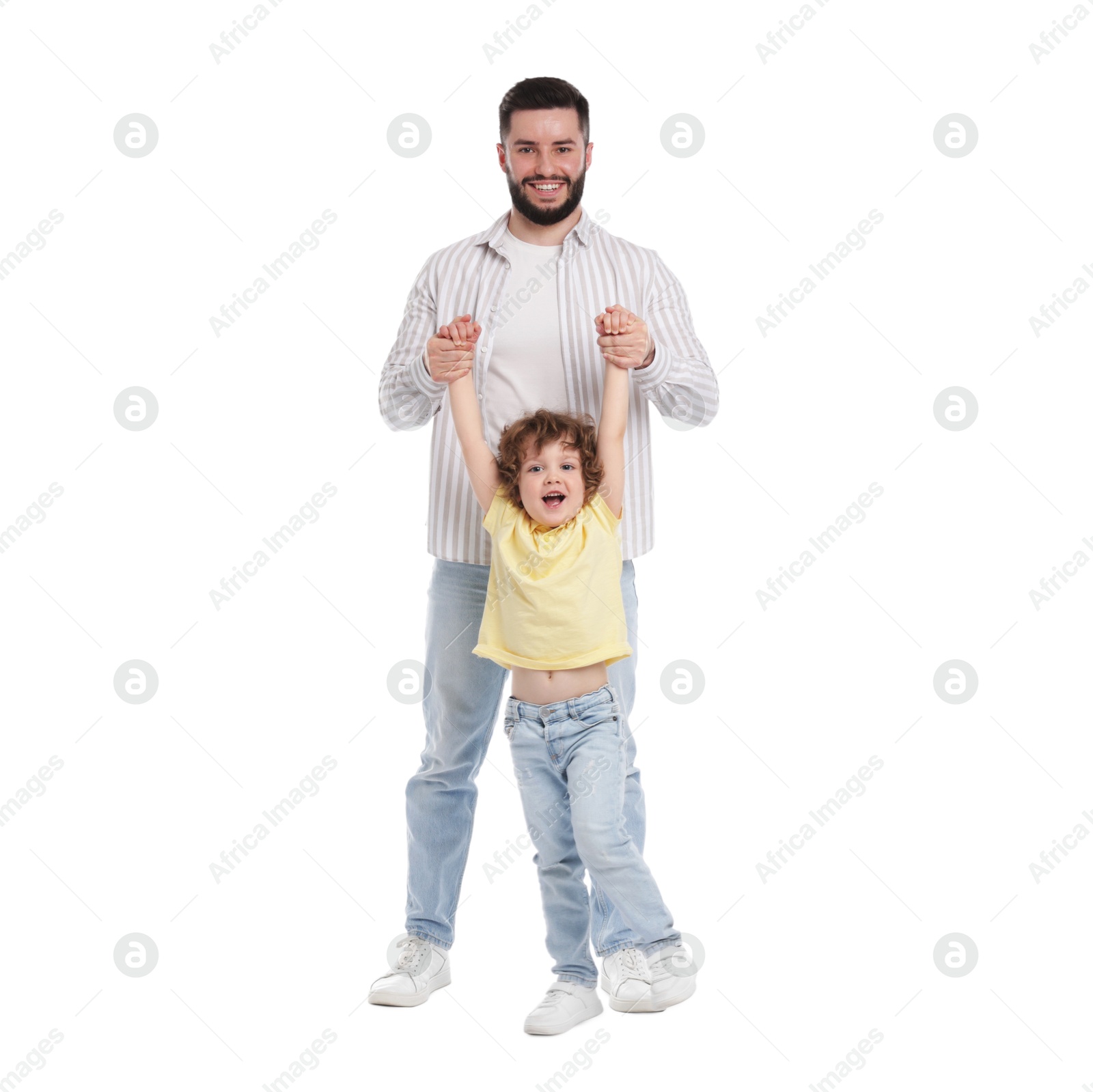 Happy father and his son on white background Photo of Happy father and his son on white background