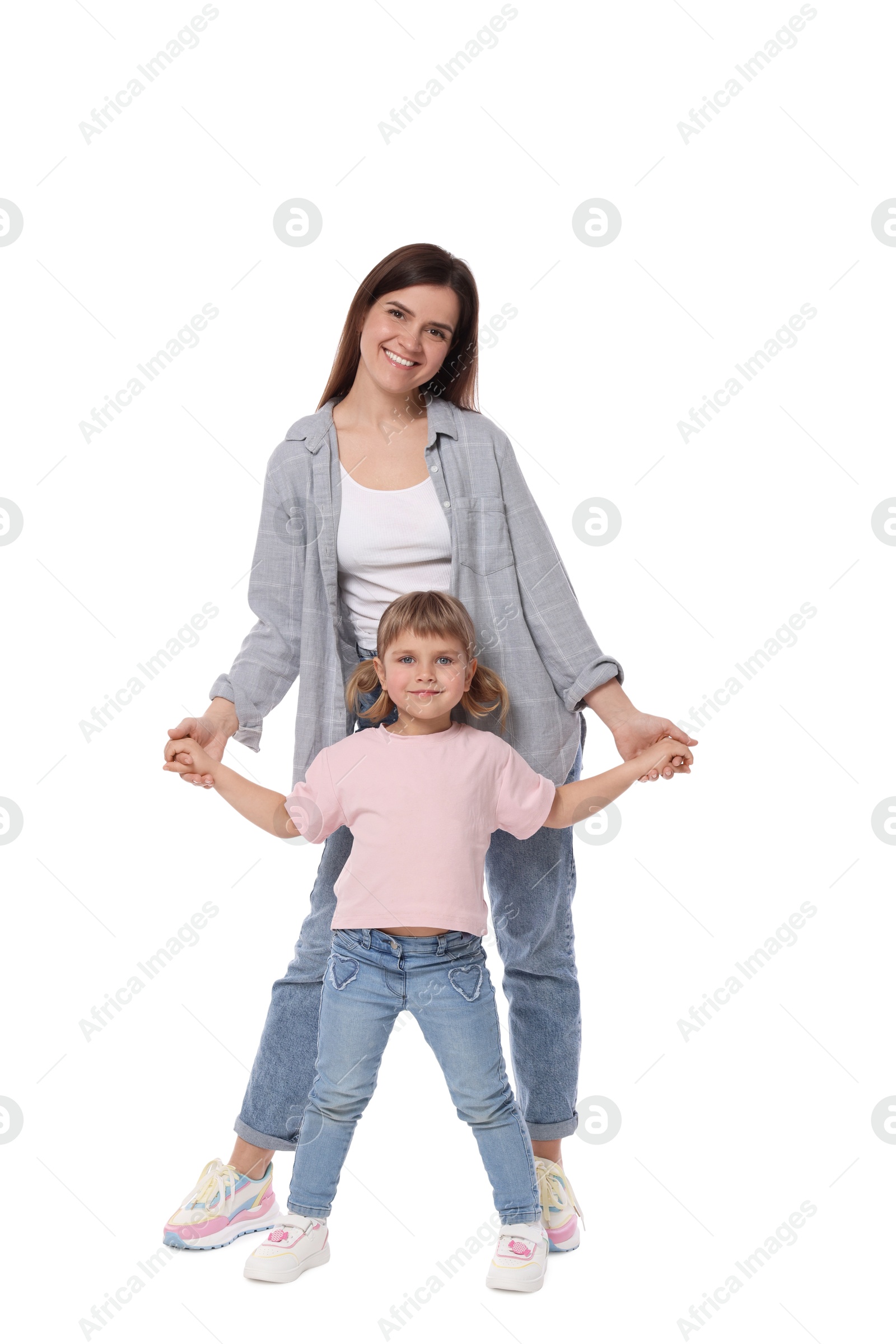 Photo of Happy mother and her cute daughter on white background