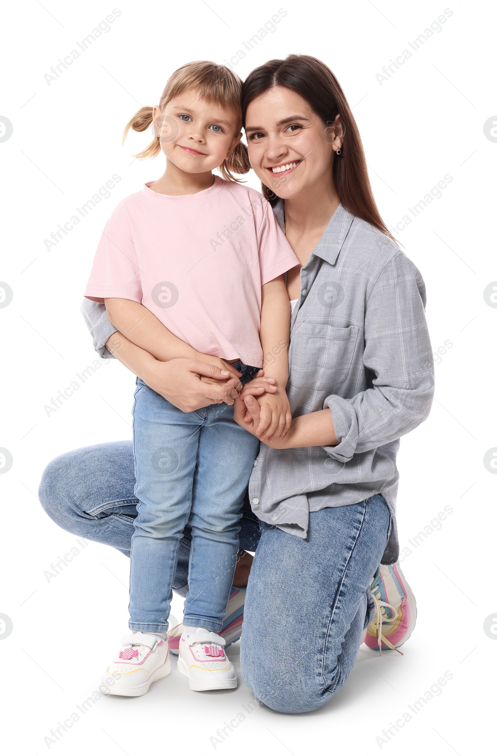 Photo of Happy mother and her cute daughter on white background