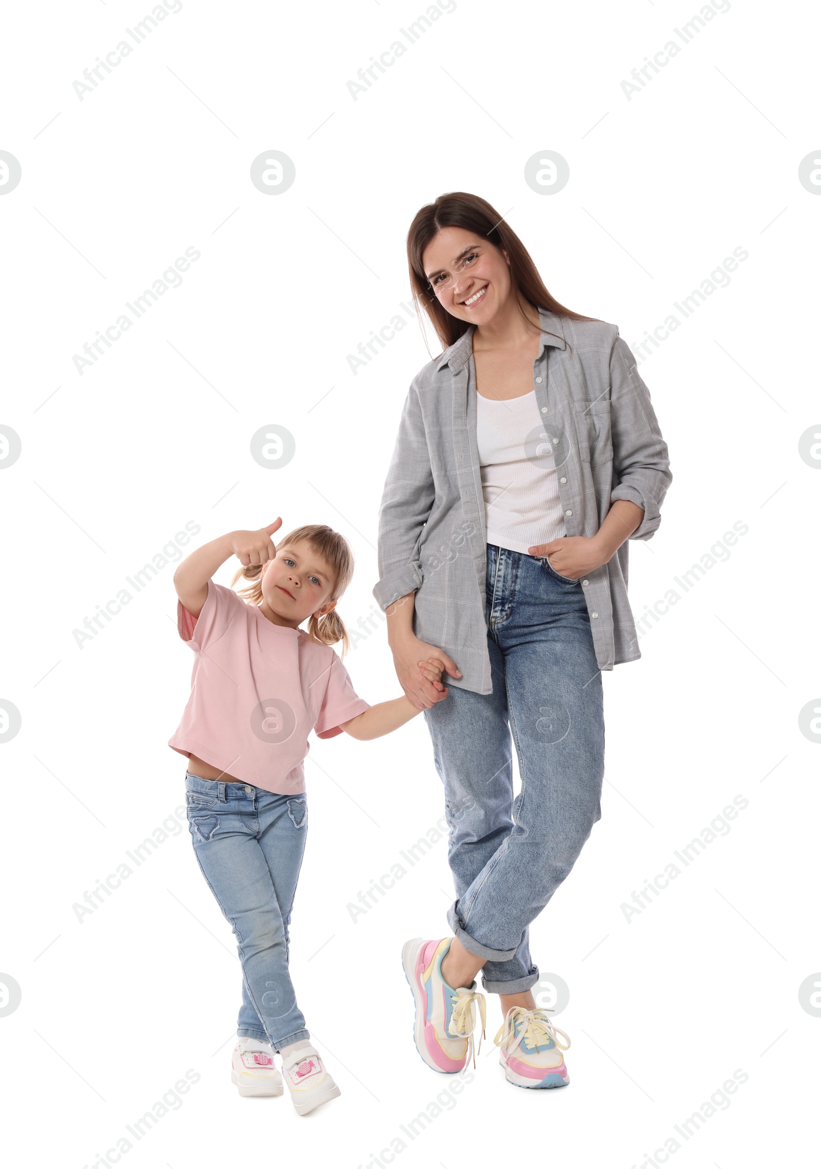 Photo of Happy mother and her cute daughter on white background