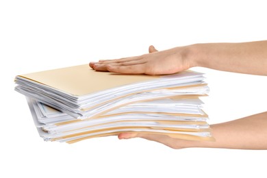 Photo of Woman holding stack of file folders with papers on white background, closeup