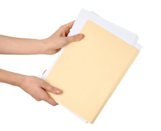 Photo of Woman holding paper file folder on white background, closeup