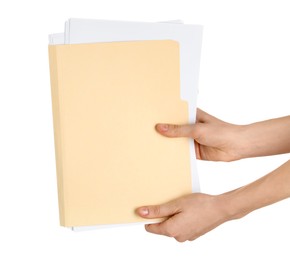 Photo of Woman holding paper file folder on white background, closeup