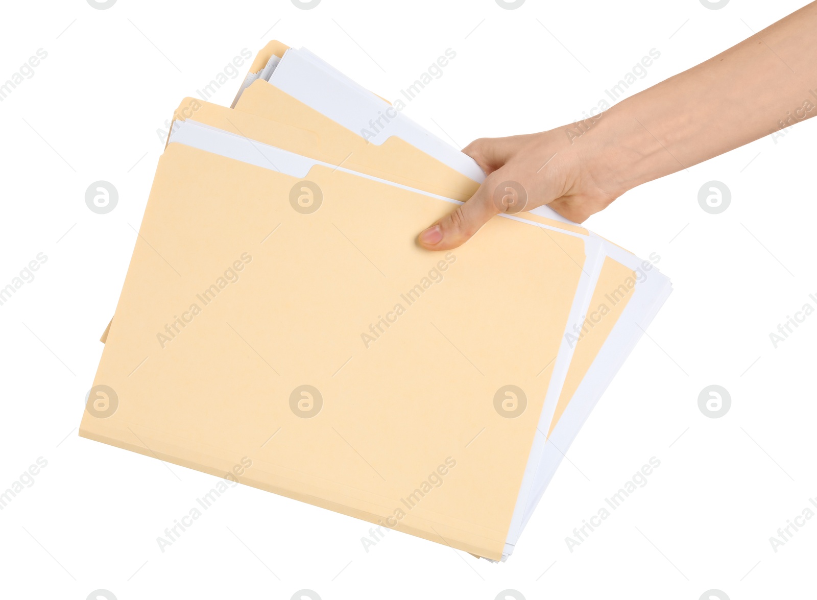 Woman holding paper file folders on white background, closeup Photo of Woman holding paper file folders on white background, closeup