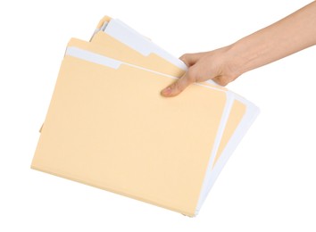Photo of Woman holding paper file folders on white background, closeup