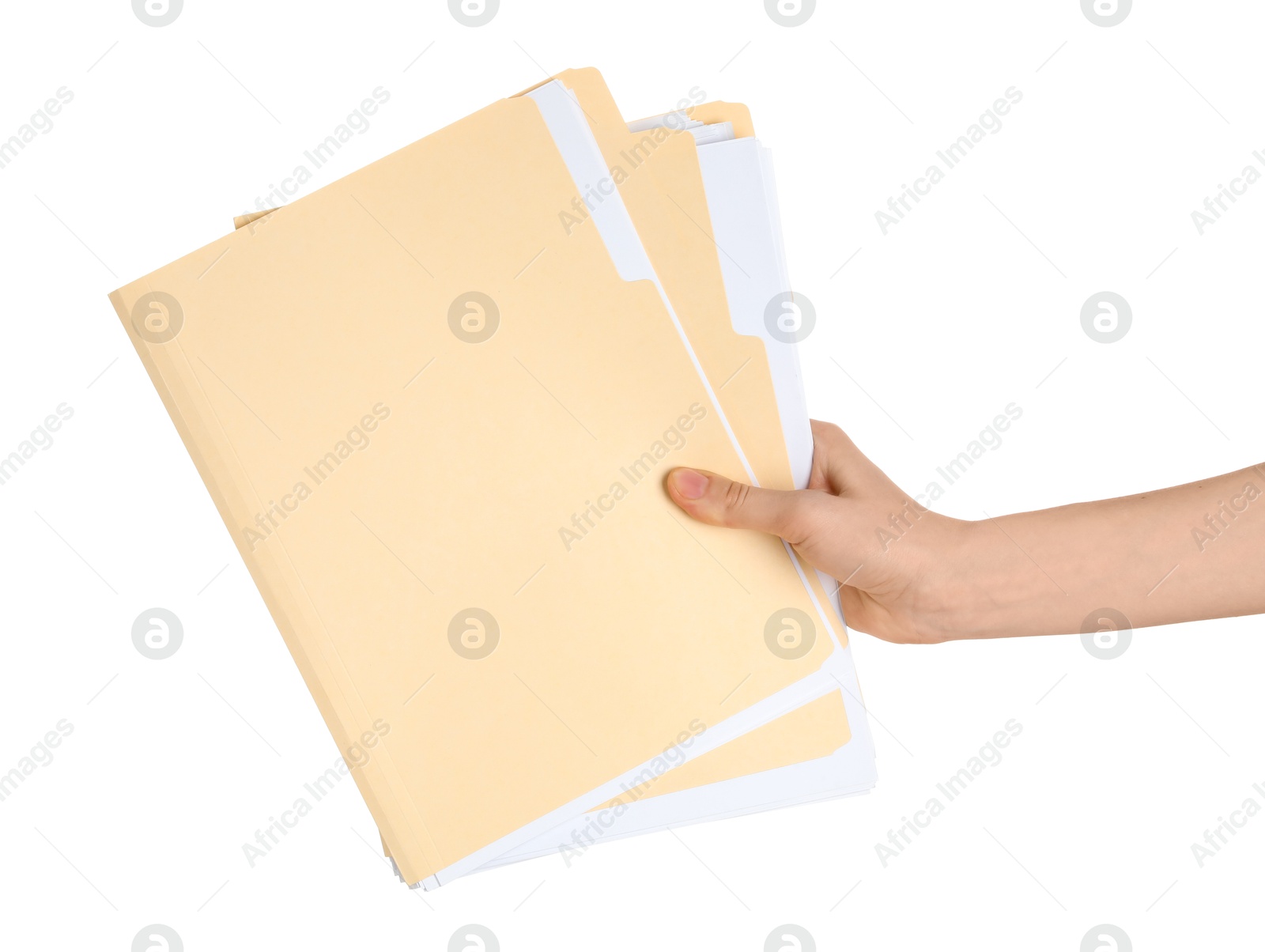 Woman holding paper file folders on white background, closeup Photo of Woman holding paper file folders on white background, closeup