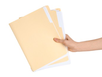 Photo of Woman holding paper file folders on white background, closeup