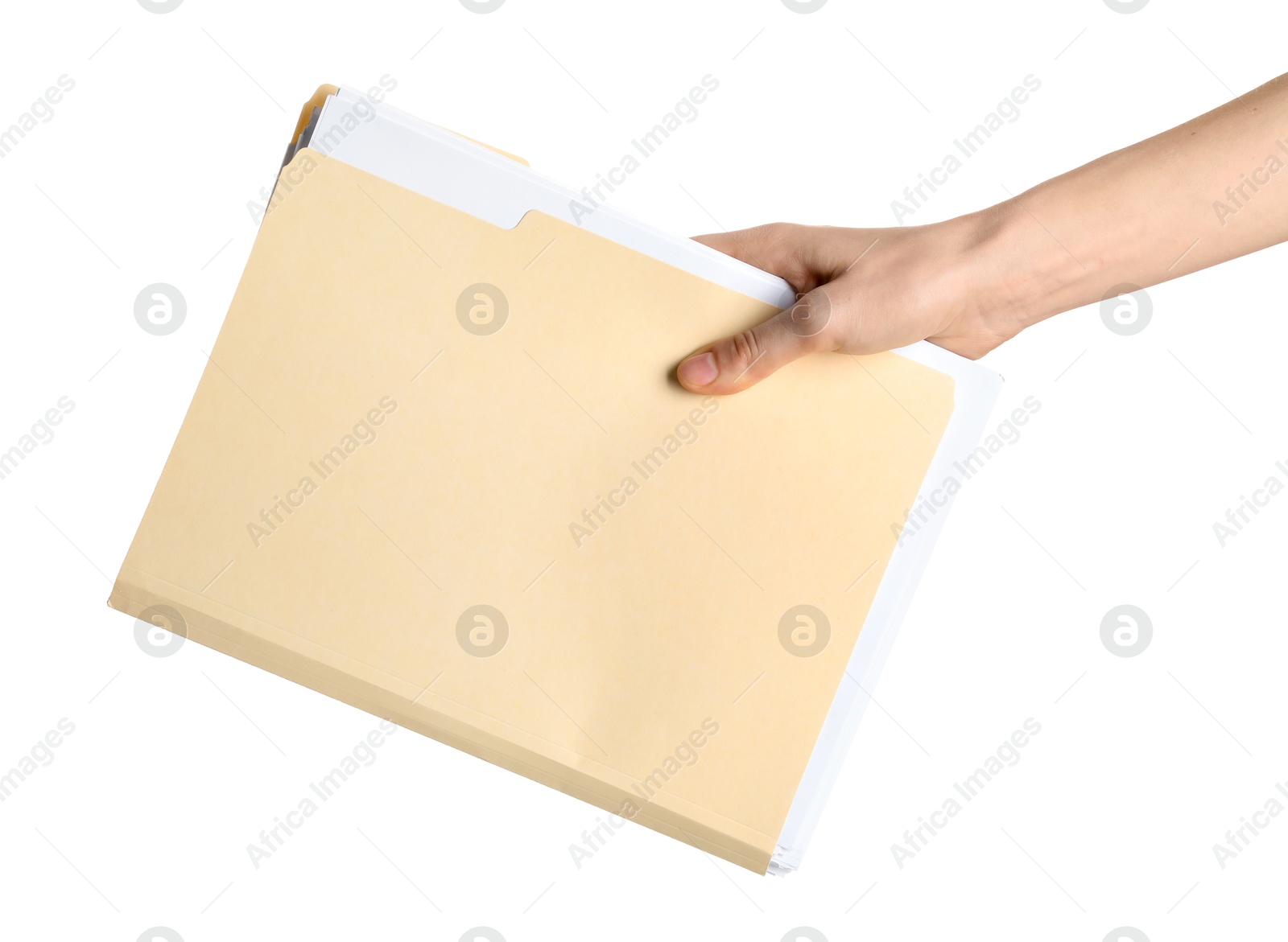 Woman holding paper file folder on white background, closeup Photo of Woman holding paper file folder on white background, closeup