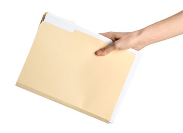 Photo of Woman holding paper file folder on white background, closeup
