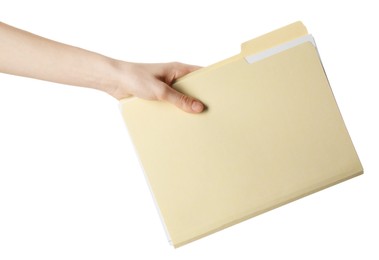 Photo of Woman holding paper file folder on white background, closeup