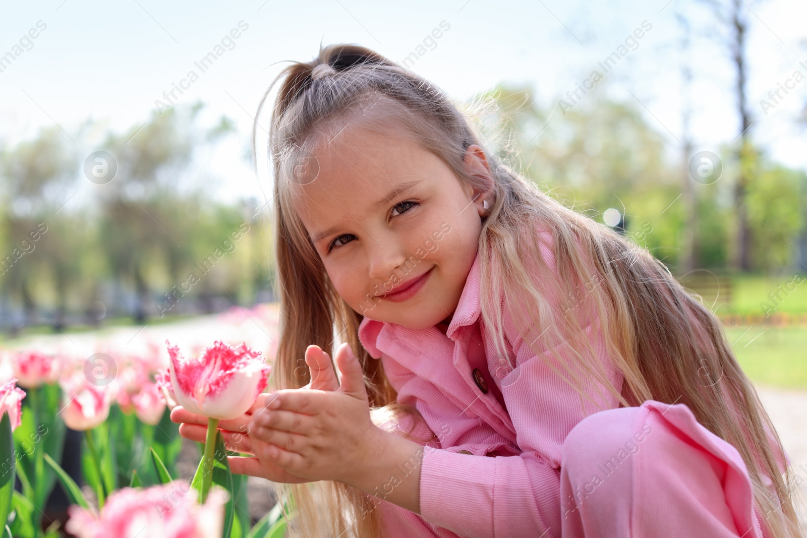 Photo of Cute little girl near beautiful pink tulips outdoors