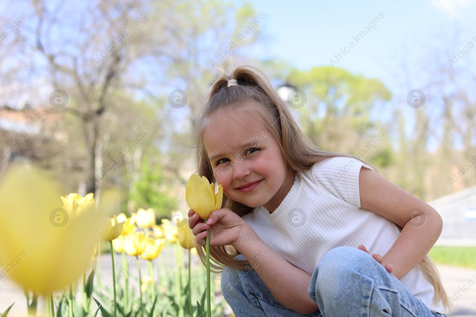 Cute little girl near beautiful yellow tulips outdoors Photo of Cute little girl near beautiful yellow tulips outdoors