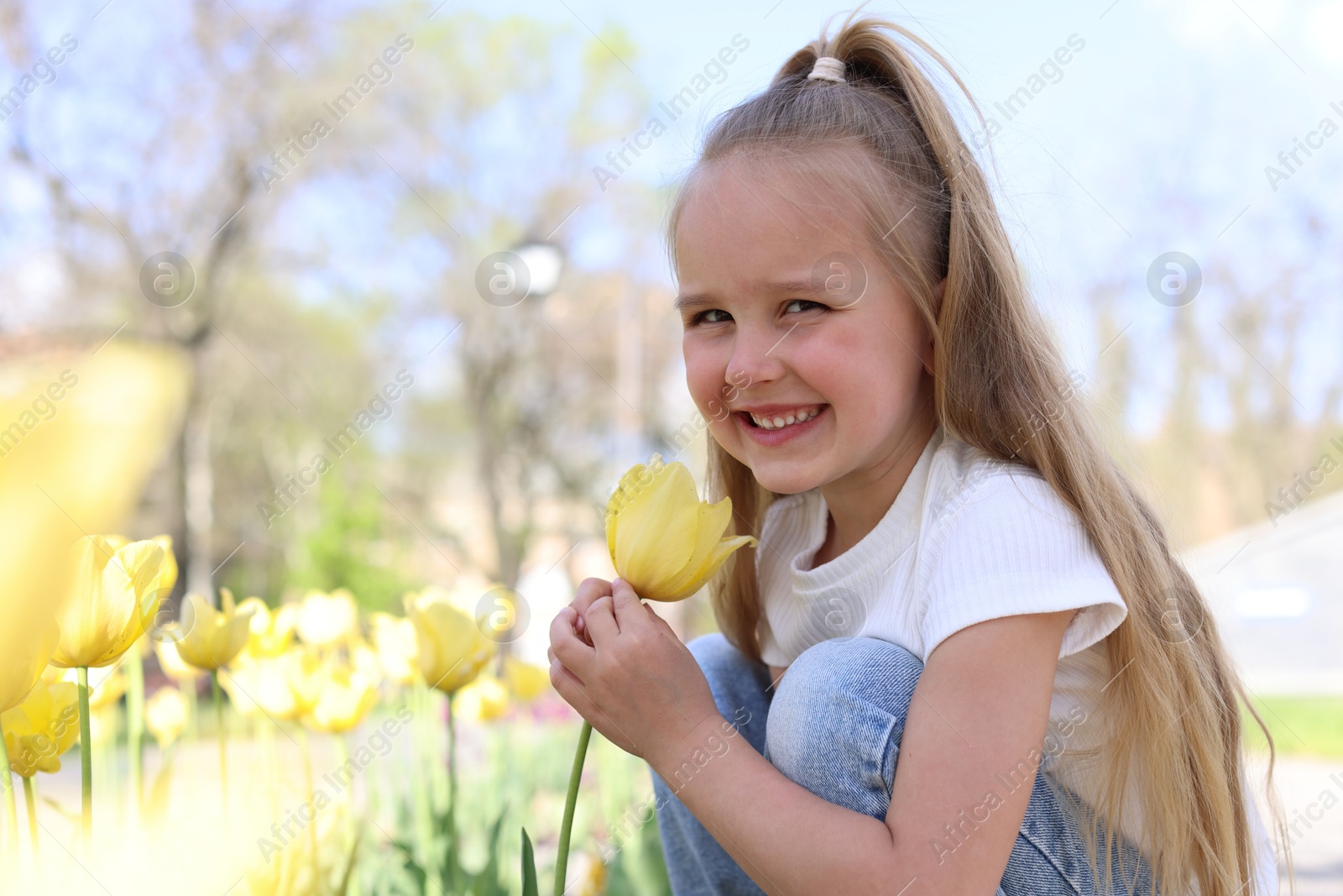 Cute little girl near beautiful yellow tulips outdoors Photo of Cute little girl near beautiful yellow tulips outdoors
