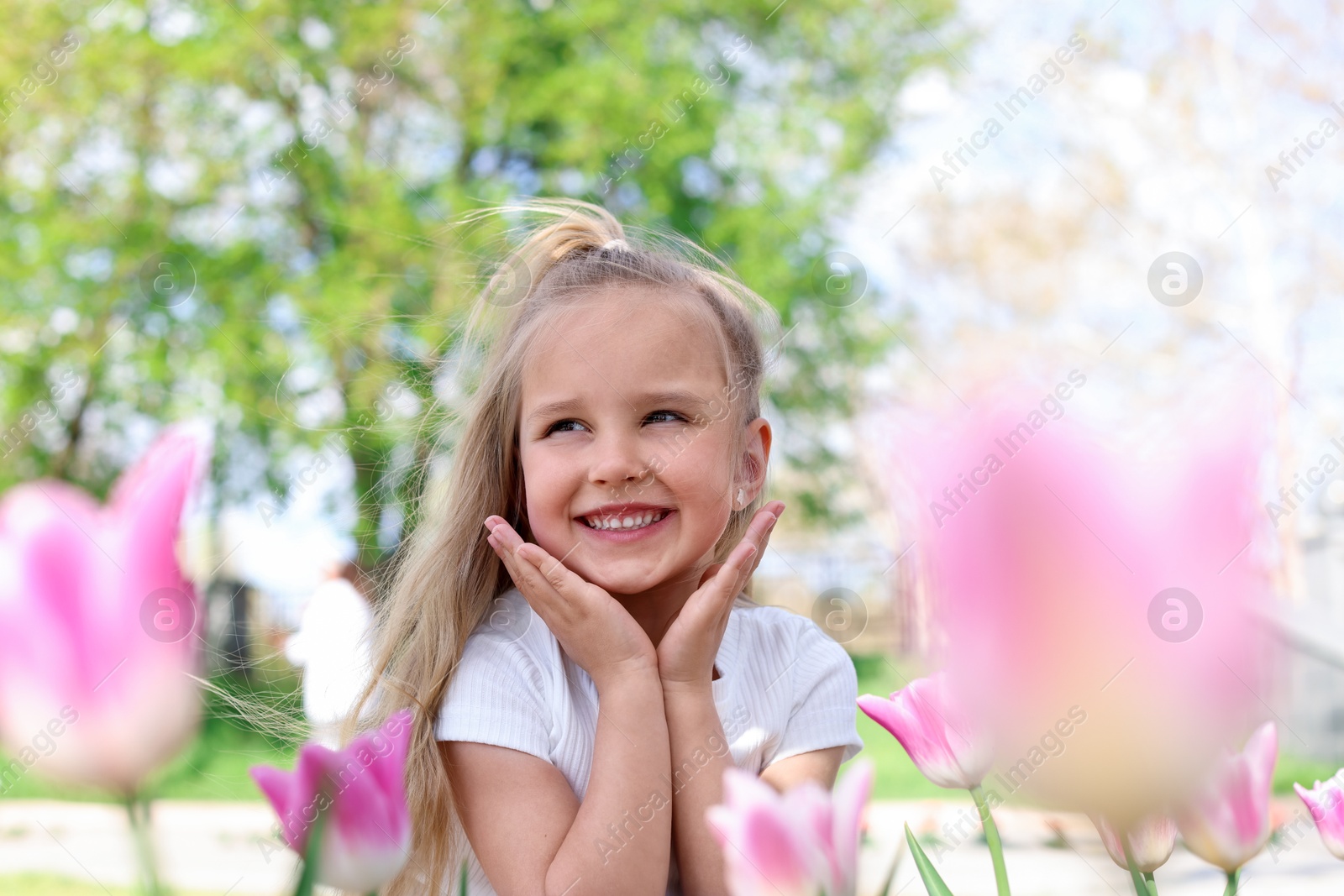 Cute little girl near beautiful pink tulips outdoors Photo of Cute little girl near beautiful pink tulips outdoors
