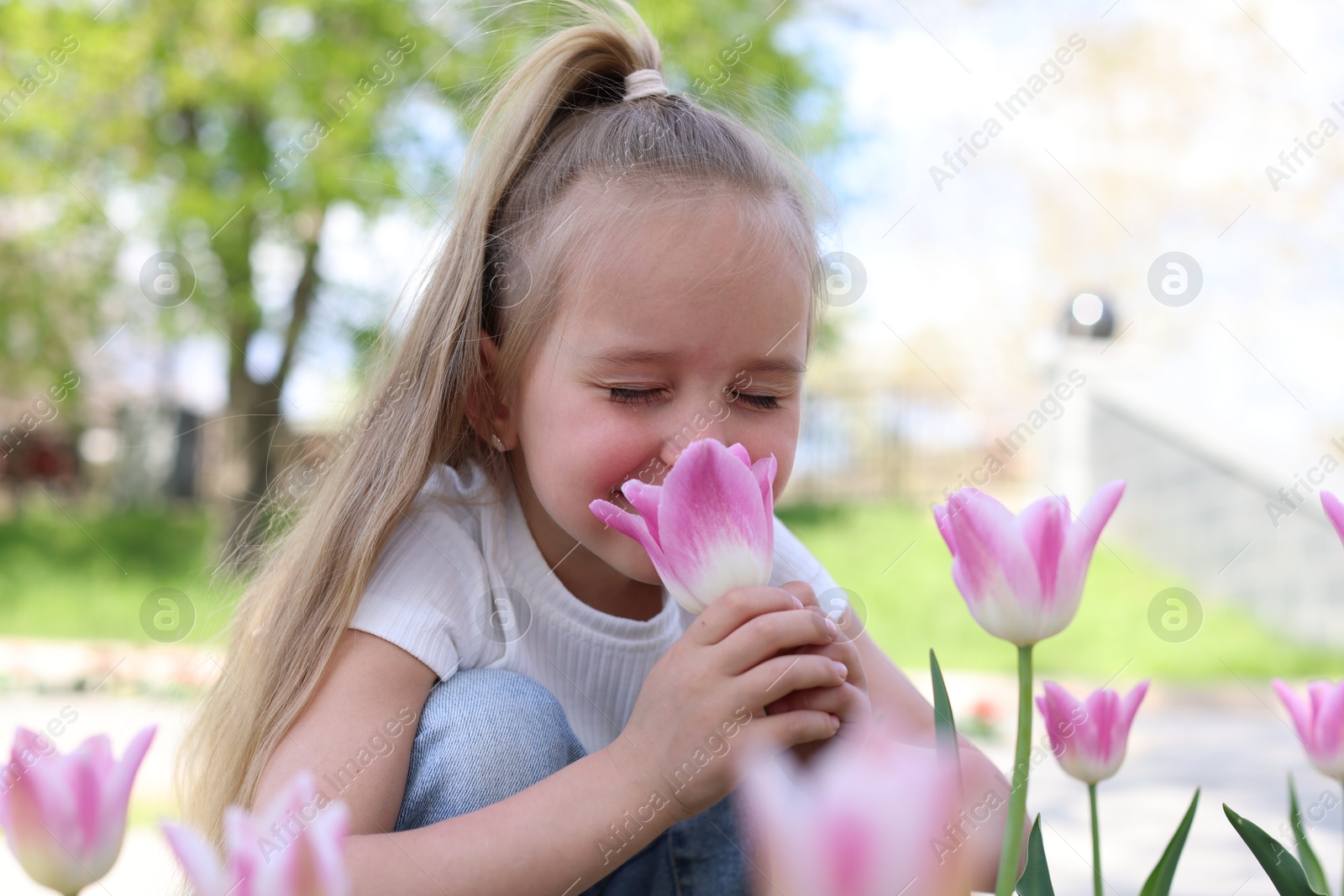 Cute little girl smelling beautiful pink tulip outdoors Photo of Cute little girl smelling beautiful pink tulip outdoors
