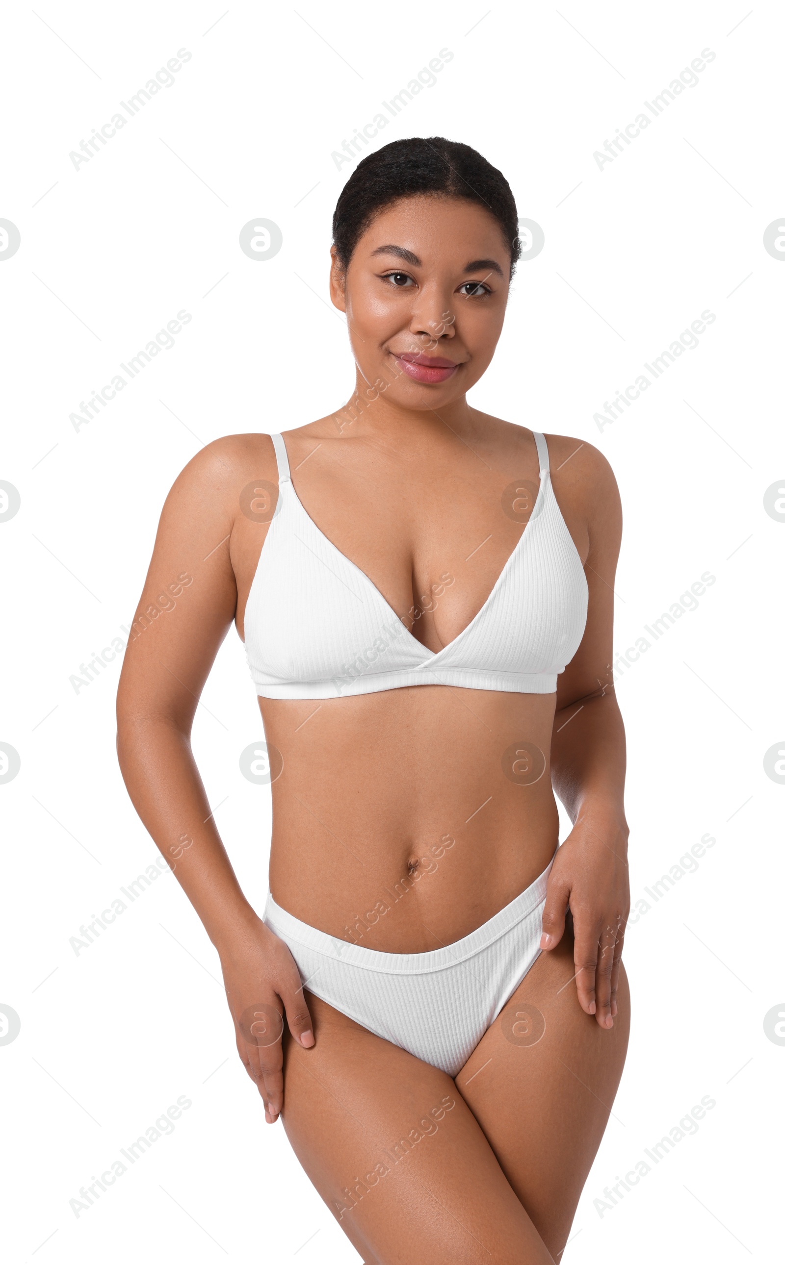 Woman in underwear with smooth skin after epilation procedure on white background Photo of Woman in underwear with smooth skin after epilation procedure on white background