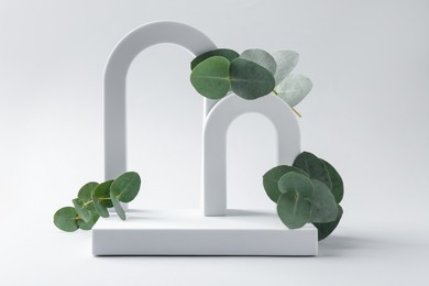 Photo of Stylish presentation with beautiful eucalyptus branches on white background