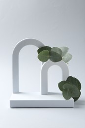 Photo of Stylish presentation with beautiful eucalyptus branches on white background