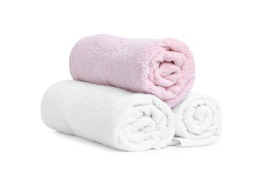 Photo of Many folded terry towels isolated on white