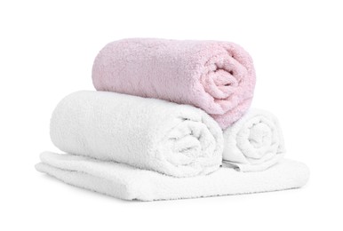Photo of Many folded terry towels isolated on white