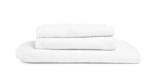 Photo of Stack of clean towels isolated on white