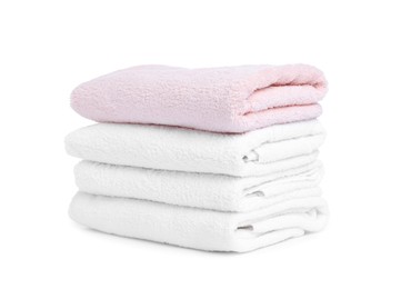 Photo of Stack of clean towels isolated on white