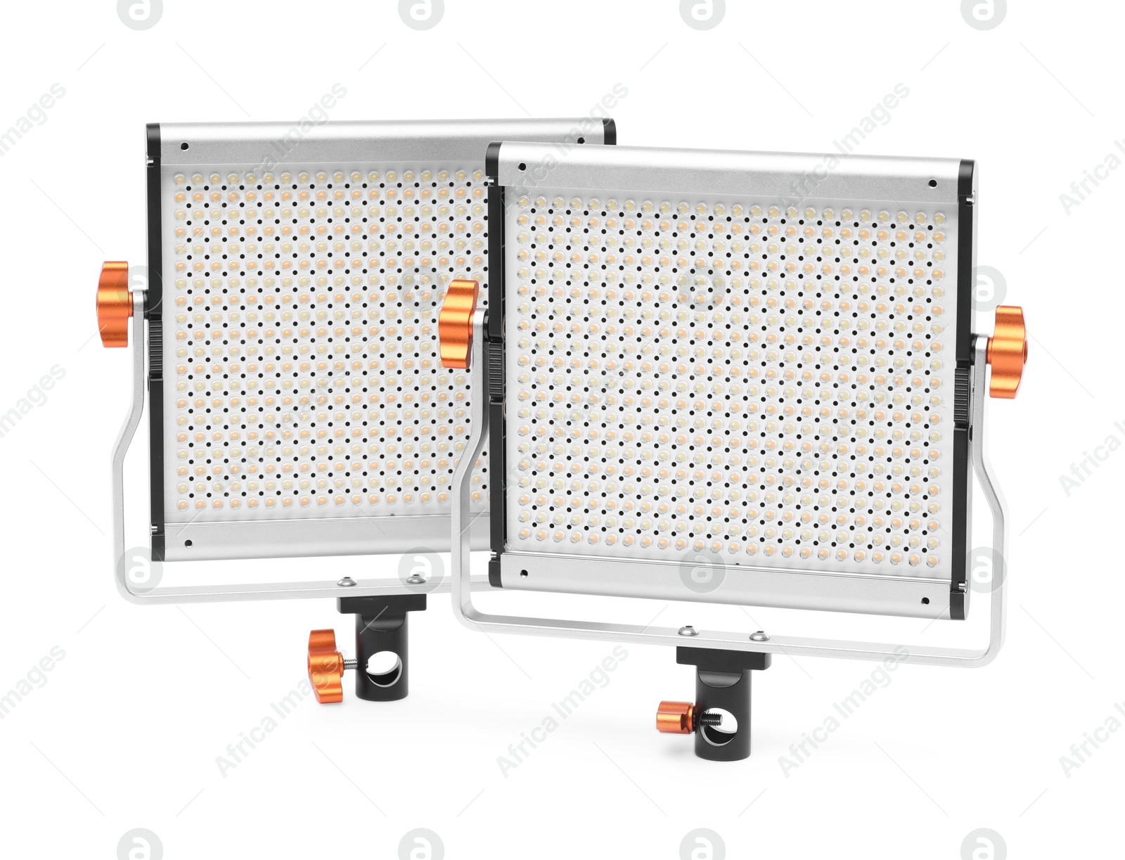 Photo of Professional lighting equipment. LED lamps isolated on white