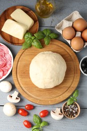 Photo of Making pizza. Different ingredients on gray wooden table, flat lay