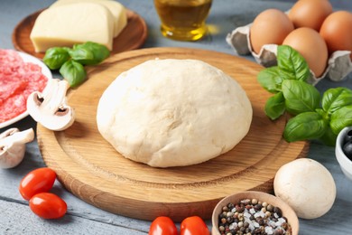 Photo of Making pizza. Different ingredients on gray wooden table, closeup
