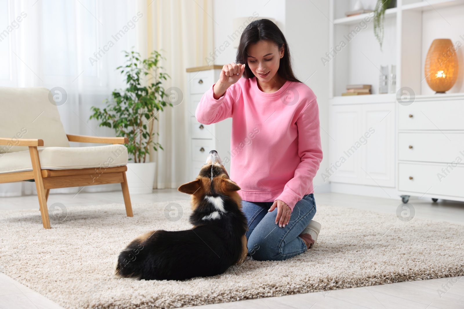 Photo of Happy woman training her dog on floor at home