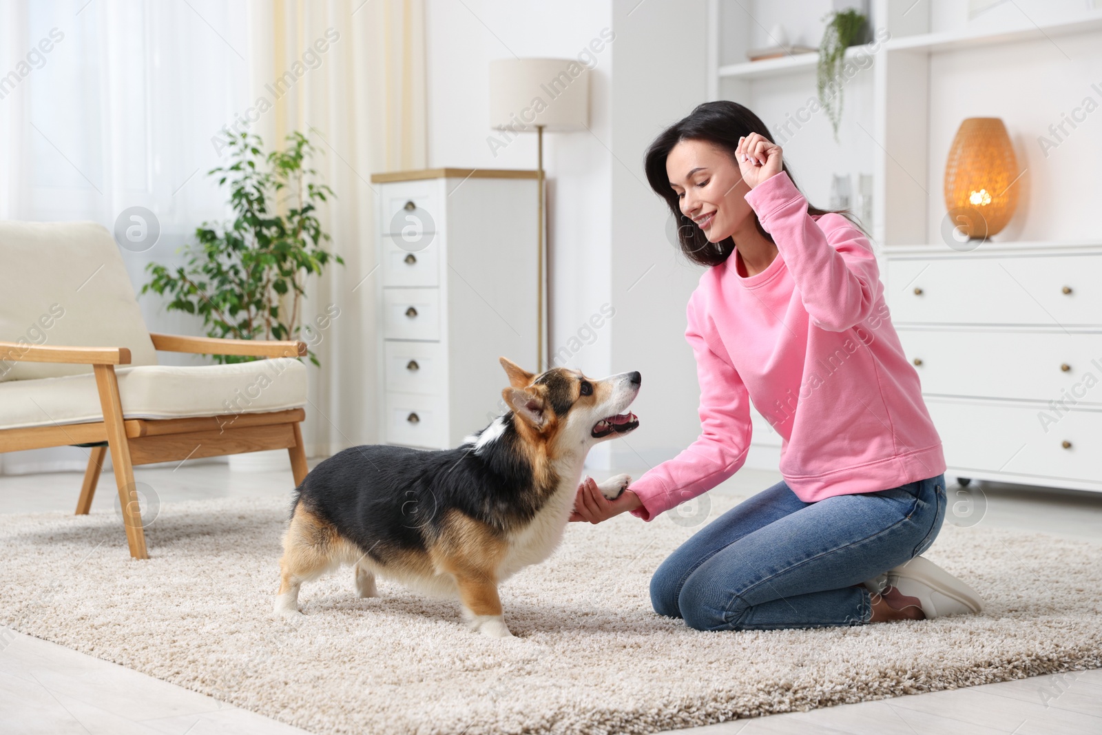 Happy woman training her dog on floor at home Photo of Happy woman training her dog on floor at home