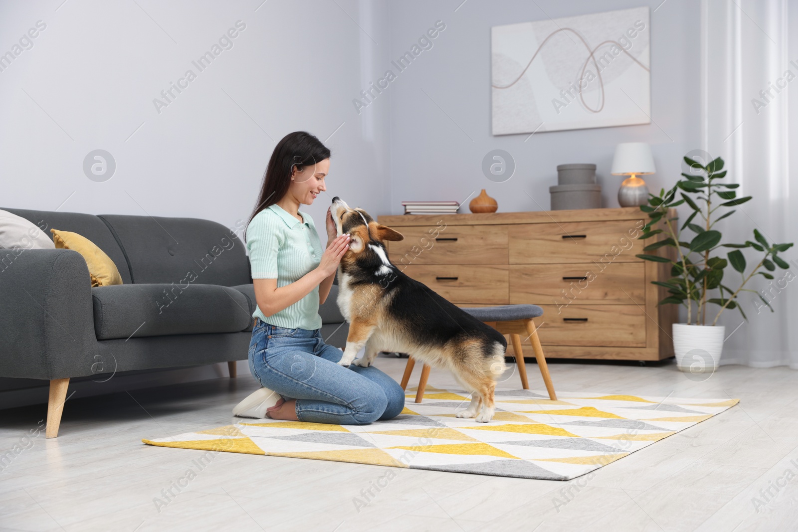 Happy woman training her dog on floor at home Photo of Happy woman training her dog on floor at home