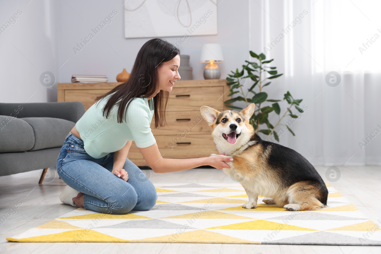 Happy woman training her dog on floor at home Photo of Happy woman training her dog on floor at home