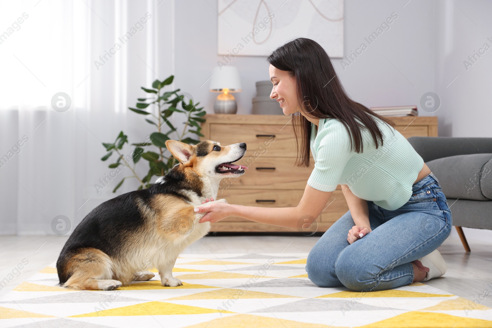 Happy woman training her dog on floor at home Photo of Happy woman training her dog on floor at home