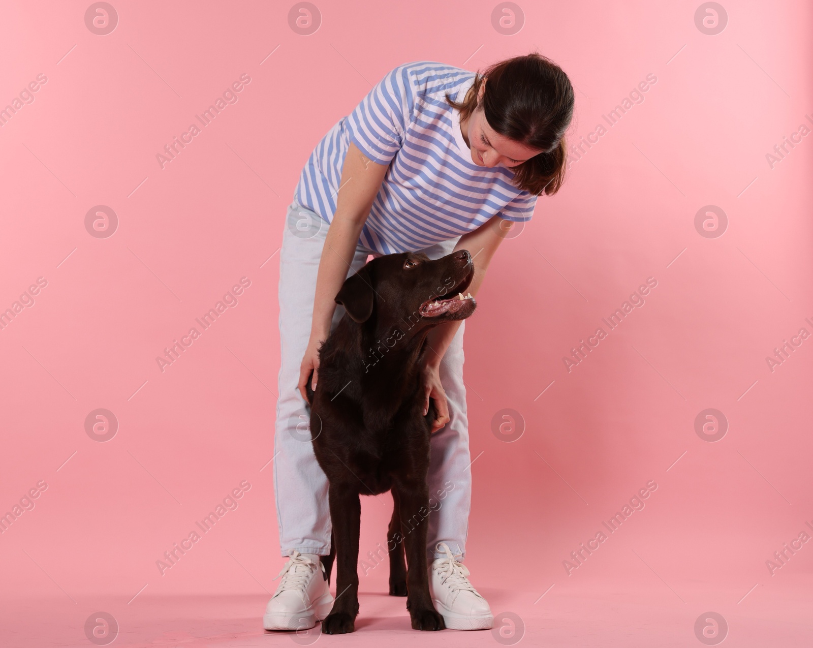 Photo of Animal training. Woman with her cute dog on pink background