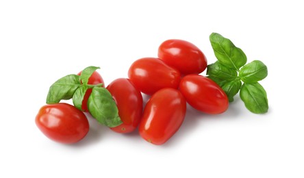 Photo of Fresh tomatoes and basil for pizza isolated on white