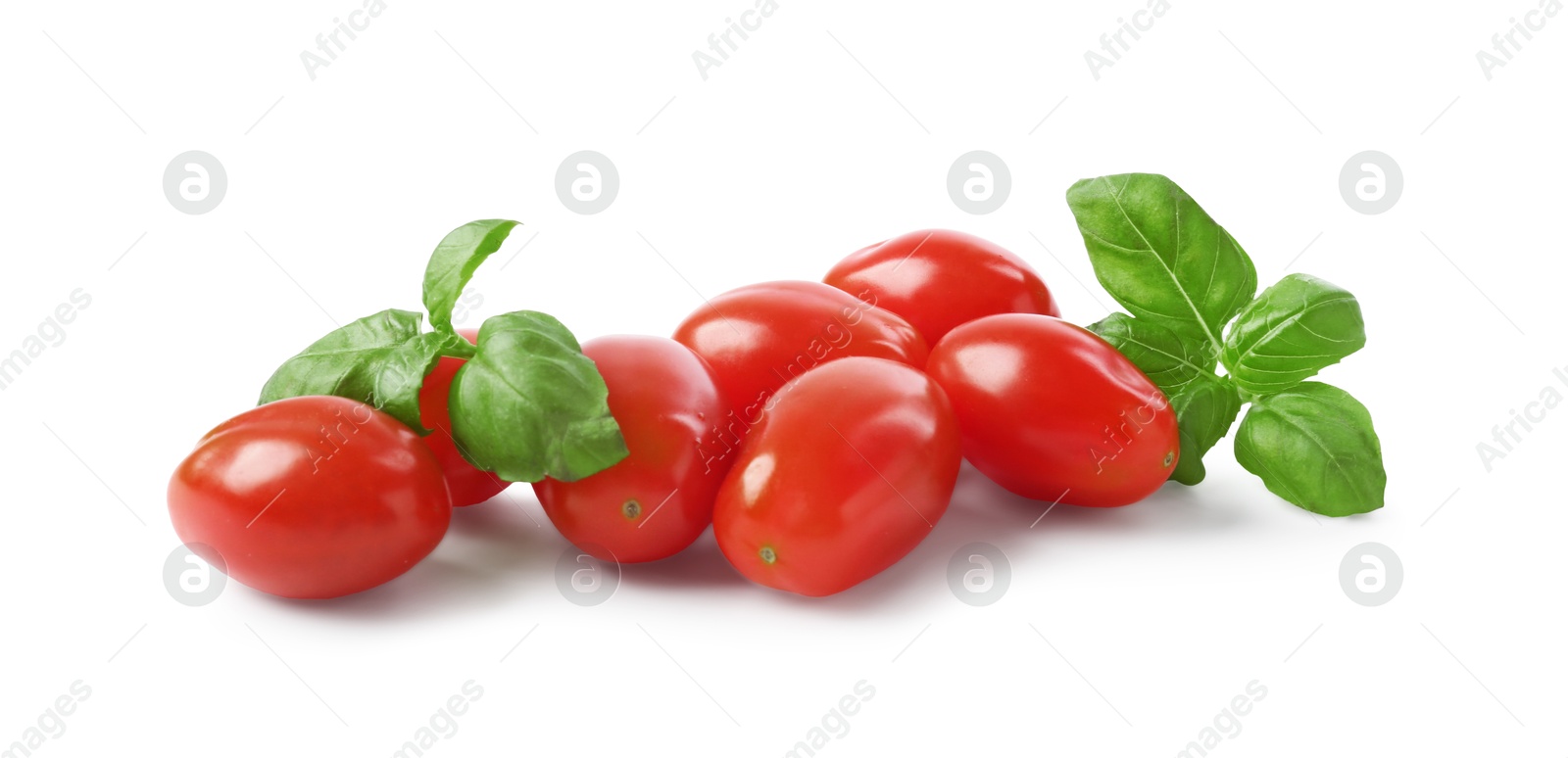 Fresh tomatoes and basil for pizza isolated on white Photo of Fresh tomatoes and basil for pizza isolated on white