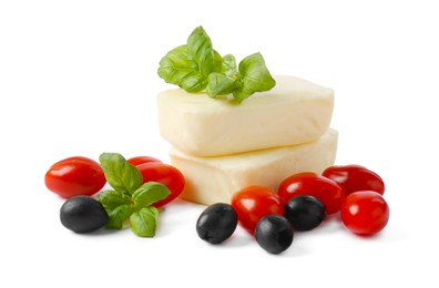 Photo of Making pizza. Different ingredients isolated on white