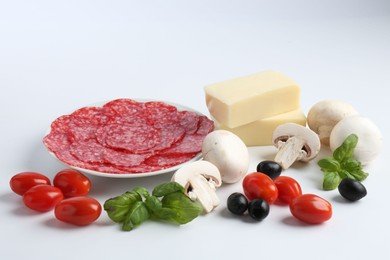 Photo of Making pizza. Different ingredients isolated on white