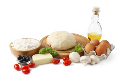 Photo of Making pizza. Different ingredients isolated on white