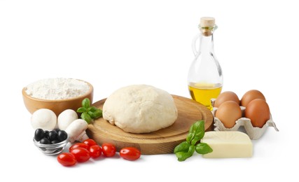 Photo of Making pizza. Different ingredients isolated on white