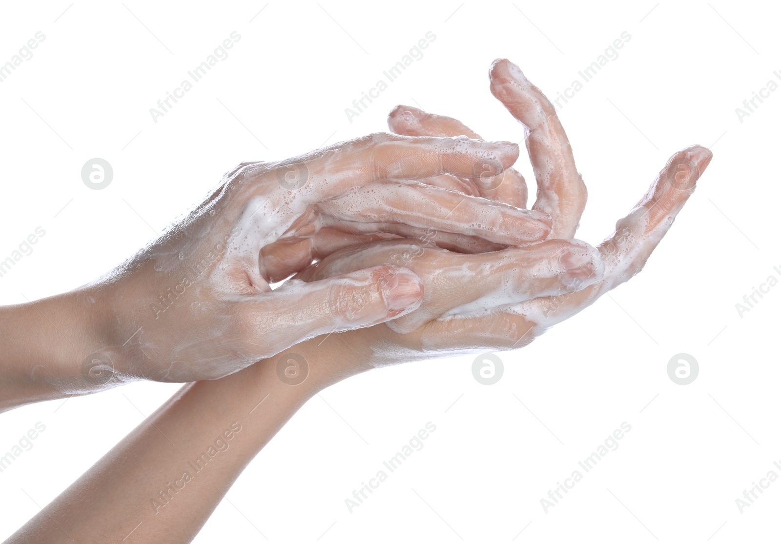 Woman washing hands with soap on white background, closeup Photo of Woman washing hands with soap on white background, closeup