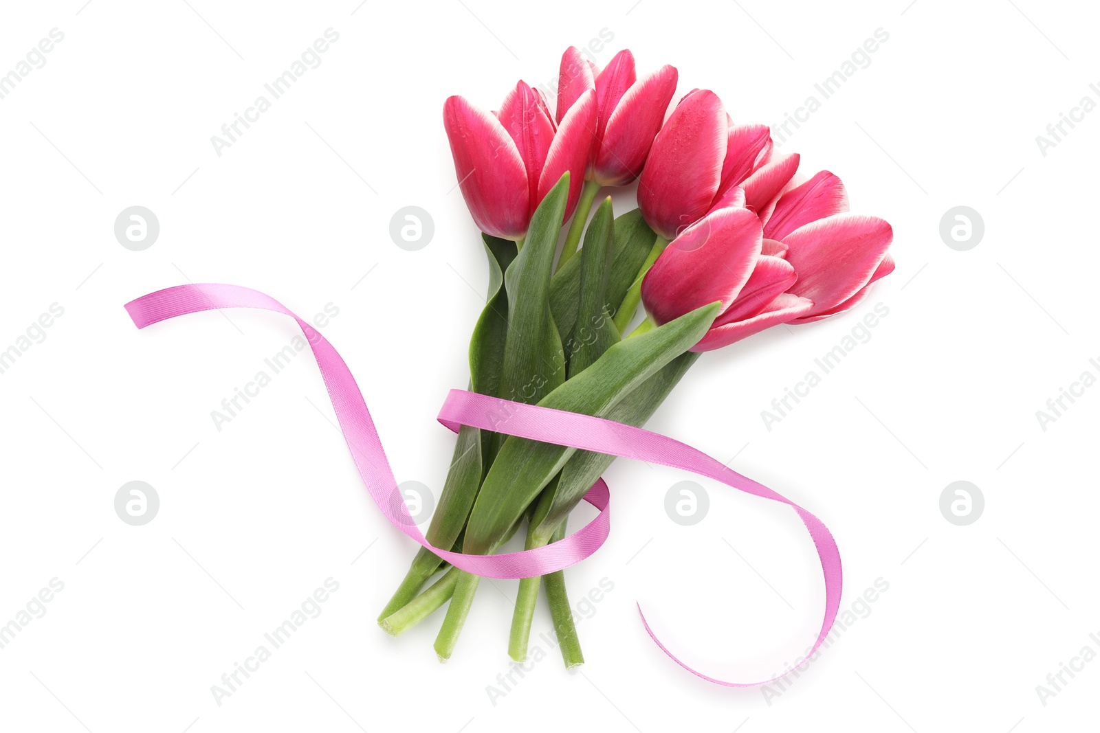 Photo of Bouquet of beautiful tulips isolated on white, top view
