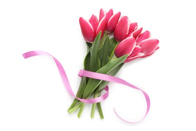 Photo of Bouquet of beautiful tulips isolated on white, top view