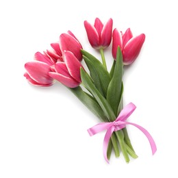 Photo of Bouquet of beautiful tulips isolated on white, top view