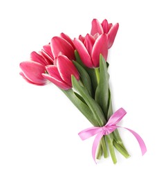 Photo of Bouquet of beautiful tulips isolated on white, top view