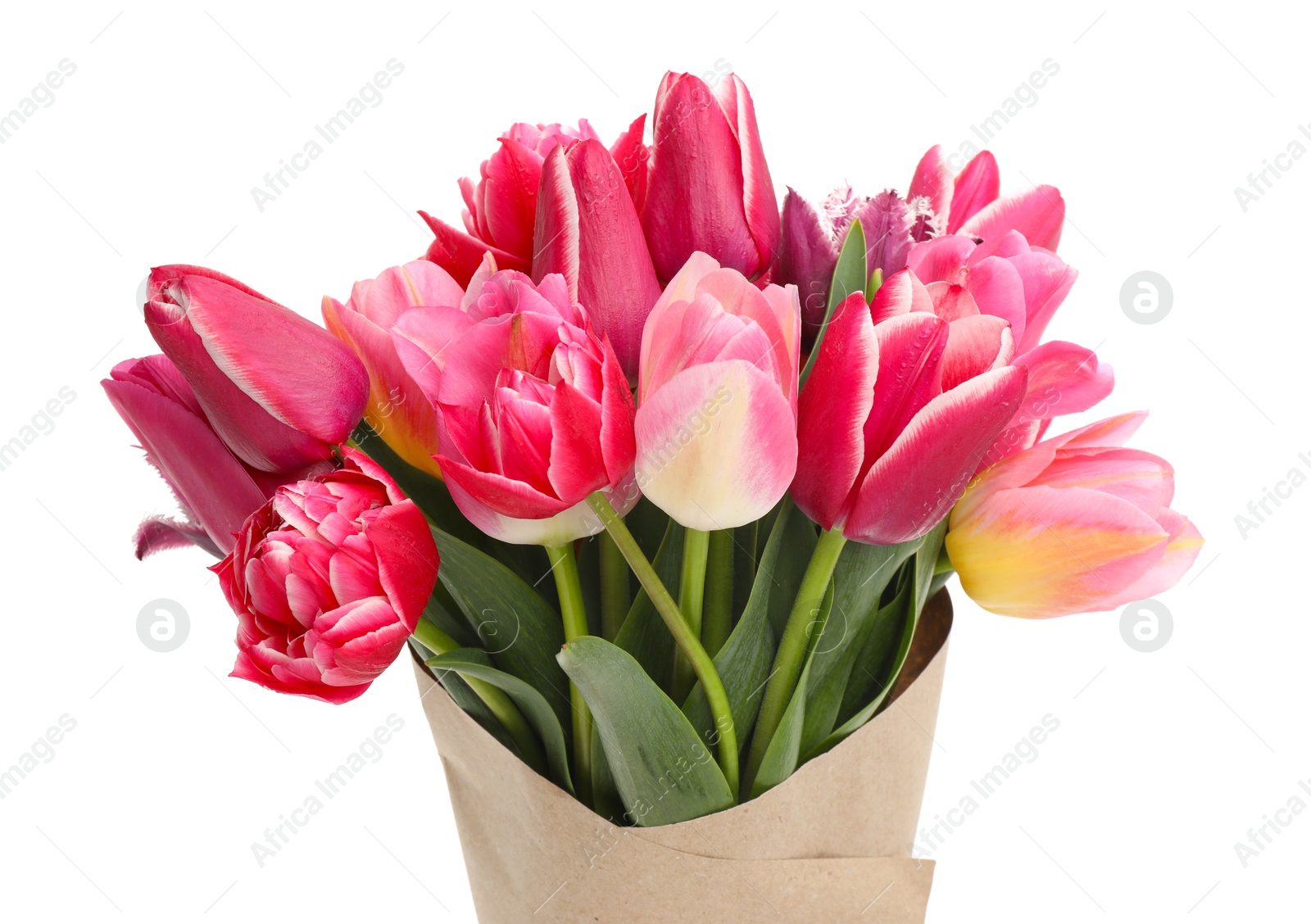 Bouquet of beautiful tulips isolated on white Photo of Bouquet of beautiful tulips isolated on white