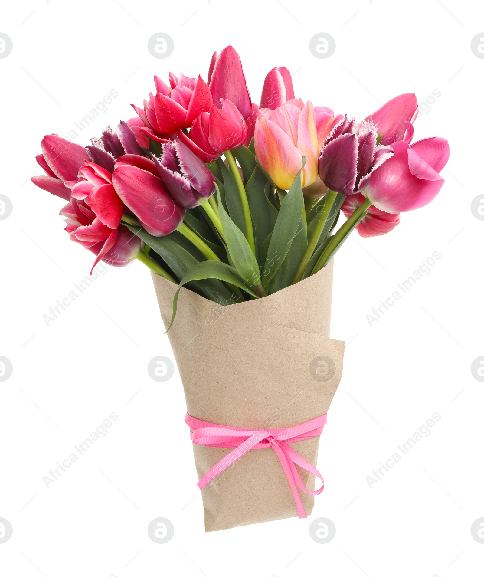 Bouquet of beautiful tulips isolated on white Photo of Bouquet of beautiful tulips isolated on white