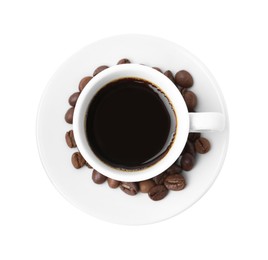 Photo of Aromatic coffee in cup and beans isolated on white, top view