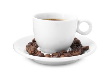 Photo of Aromatic coffee in cup and beans isolated on white